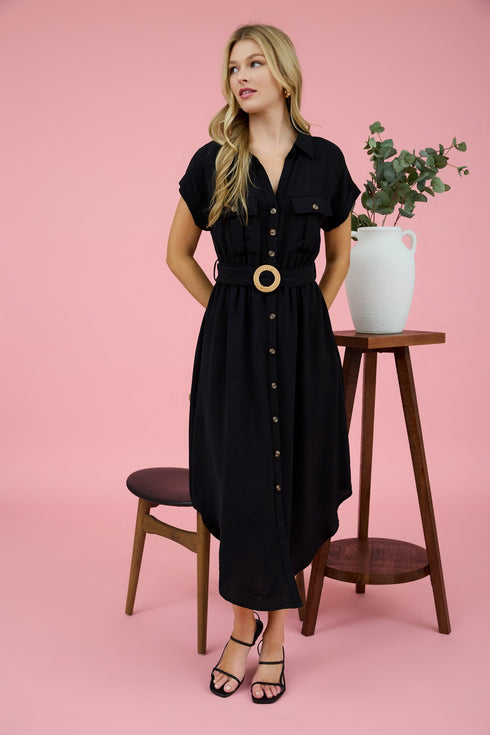 COLLARED BELTED MIDI DRESS